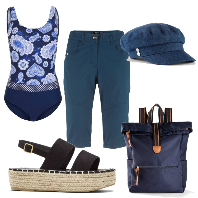 Outfit donna - Blu mare con Bon Prix. Stile Trendy per Mare. Abbinamento con costumi interi, zaini, bermuda, sandali, cappelli.