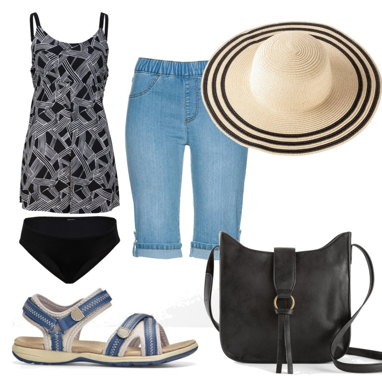 Outfit donna - In jeans al mare con Bon Prix. Stile Trendy per Mare. Abbinamento con sandali, bermuda, borse a tracolla, costumi interi, cappelli.