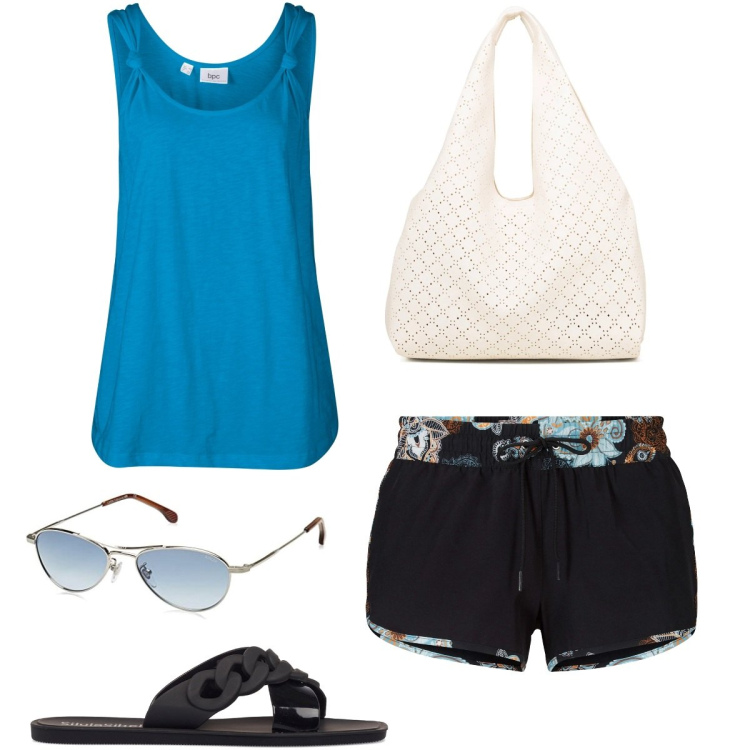 Outfit donna - 1, 2, 3 ciabattine! Focus Donna Curvy. Stile Minimal per Mare. Abbinamento con pantaloni corti, top, ciabatte, borse a spalla, occhiali da sole.