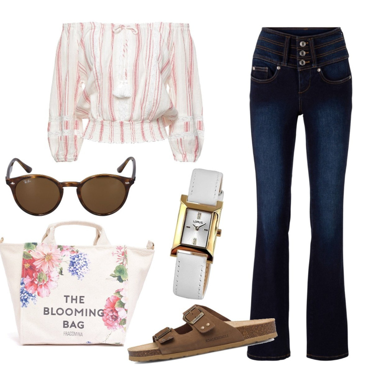 Outfit donna - the blooming bag. Stile Casual per Tutti i giorni. look ideale per Tall. Abbinamento con jeans bootcut, bluse, borse tote, infradito, orologi, occhiali da sole.