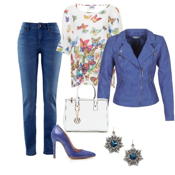 Outfit donna - Sono trendy e spendo poco. Stile Trendy per Tutti i giorni. Abbinamento con jeans skinny, giacca blu, borsetta bianco, tunica, décolleté glitter blu, orecchini con perle oro.