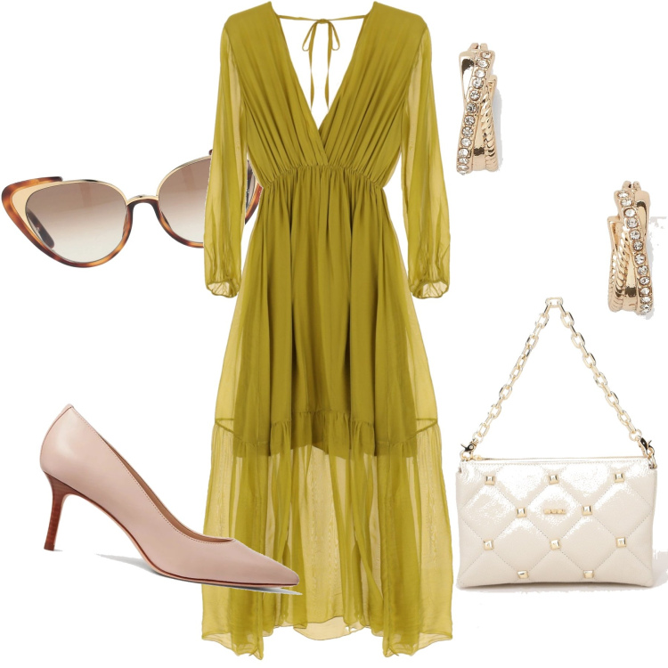 Outfit donna - Vintage delicato. Stile Vintage retrò per Cerimonia. Abbinamento con occhiali da sole, pochette, vestiti lunghi, orecchini, décolleté.