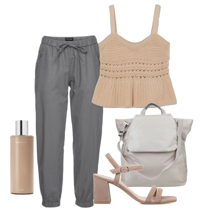 Outfit donna - Polverosa. Stile Trendy per Tutti i giorni. Abbinamento con pantaloni, borse a mano, top, sandali in pelle, profumi.