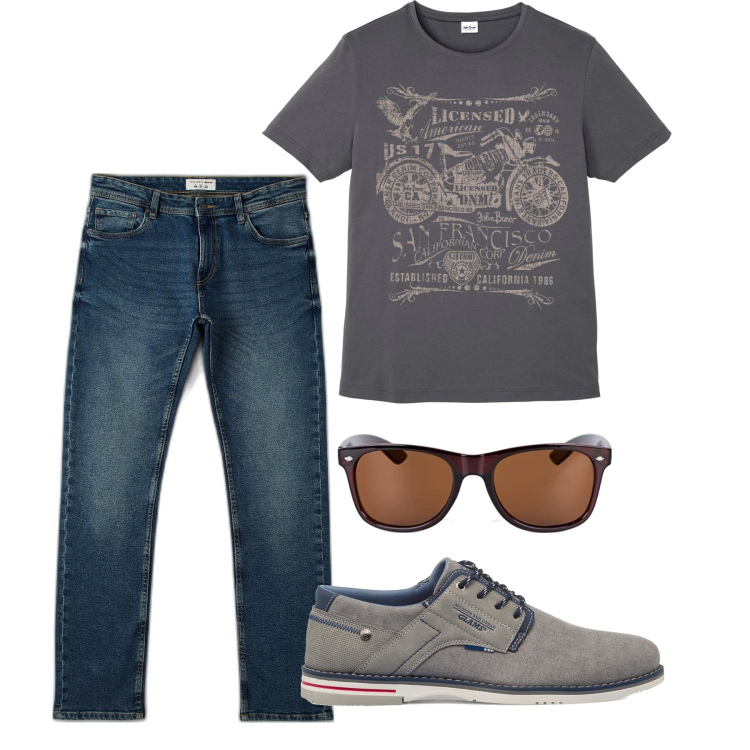Outfit uomo - West. Stile Casual per Tutti i giorni. Abbinamento con t-shirt, jeans, scarpe stringate, occhiali da sole.