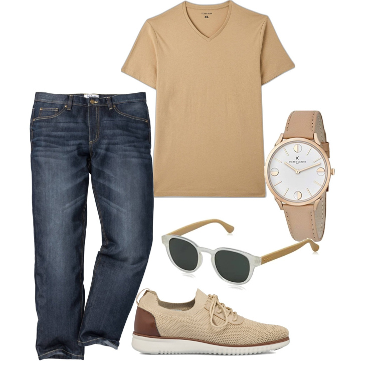 Outfit uomo - Preciso. Stile Casual per Tutti i giorni. Abbinamento con jeans dritti, t-shirt, scarpe stringate, orologi, occhiali da sole.