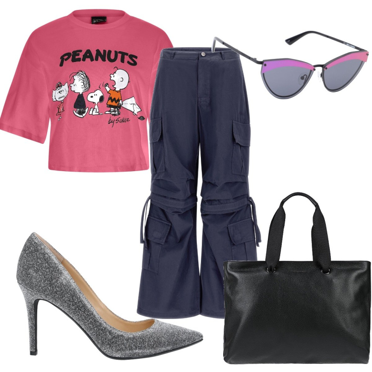 Outfit donna - Sporty chic con i Peanuts. Stile Sporty chic per Tutti i giorni. Abbinamento con borse a mano, occhiali da sole, décolleté, pantaloni cargo, t-shirt.
