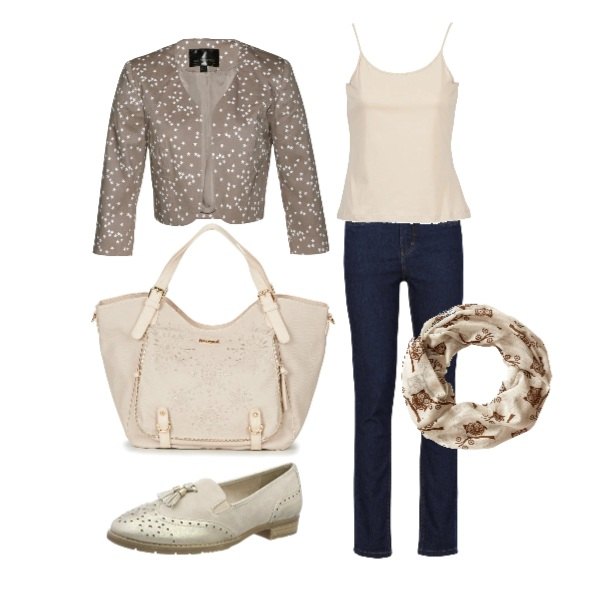 Outfit donna - Domani, in ufficio. Stile Basic per Tutti i giorni. Abbinamento con jeans, bolero con spalline marrone, sciarpina, top beige, borsa beige, mocassini beige.