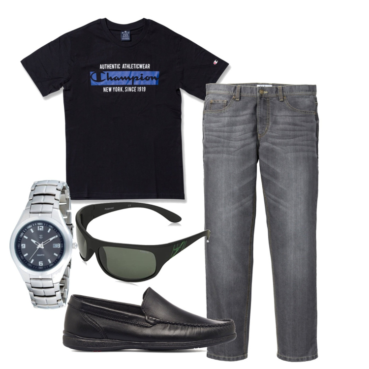 Outfit uomo - Mocassini. Stile Urban per Tutti i giorni. Abbinamento con jeans dritti, t-shirt, scarpe stringate, orologi, occhiali da sole.