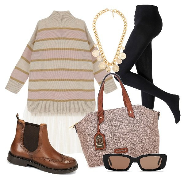 Outfit donna - in ufficio anche oggi. Stile Casual per Ufficio. Abbinamento con collant, stivaletti chelsea, vestiti corti, collane, borse a mano, occhiali da sole.