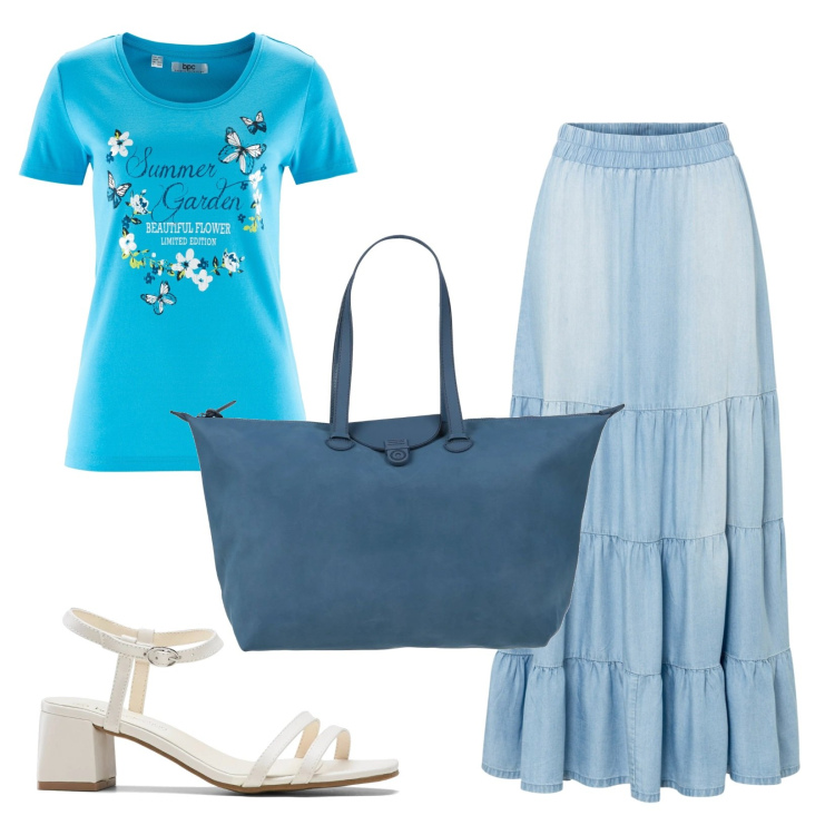 Outfit donna - Una novità per l\'estate: l\'azzurro acces. Stile Casual per Tutti i giorni. Abbinamento con t-shirt, gonne lunghe, sandali col tacco, borse a mano.