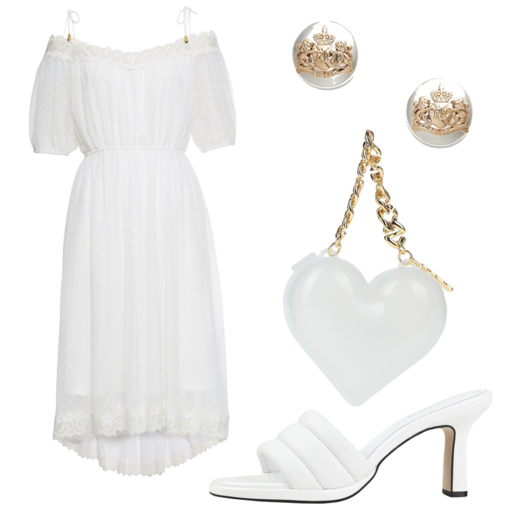 Outfit donna - Serata in bianco. Stile Glamour per Serata fuori. Abbinamento con vestiti, sandali in pelle, borse a mano, orecchini.