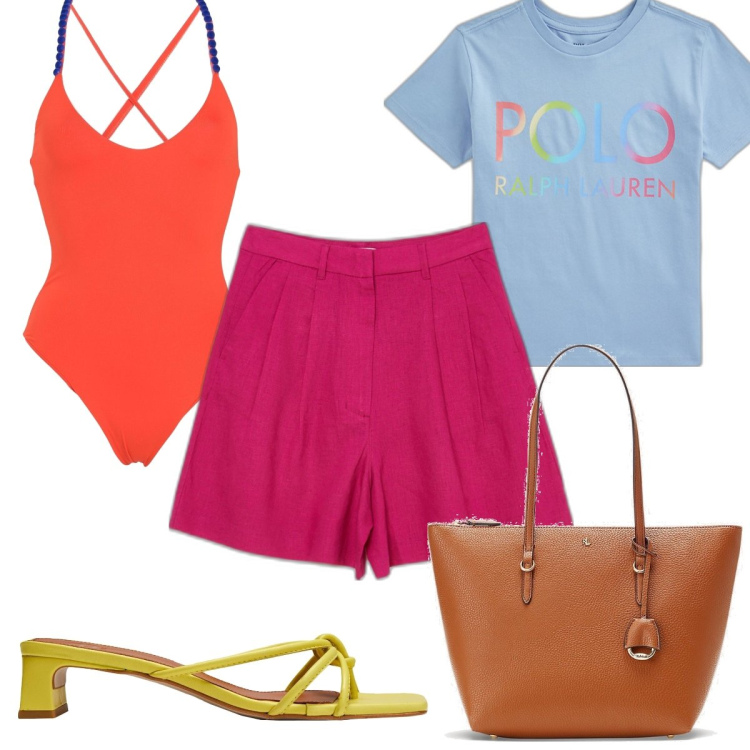 Outfit donna - Un’estate color block. Stile Trendy per Mare. Abbinamento con infradito, costumi interi, bermuda, borse tote, t-shirt.