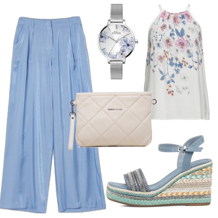 Outfit donna - Aperitivo lungomare. Stile Casual chic per Serata fuori. Abbinamento con top, pantaloni a palazzo, sandali col tacco, borse a tracolla, orologi analogici.