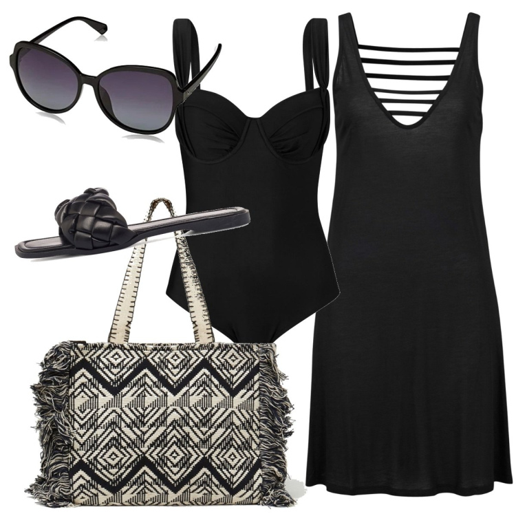 Outfit donna - Total look #1633736. Stile Chic per Mare. Abbinamento con vestiti da spiaggia, costumi interi, shopping bag, ciabatte, occhiali da sole.