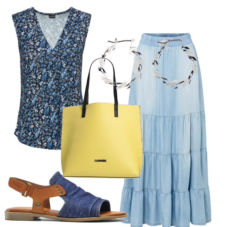 Outfit donna - Di sole e d\'azzurro. Stile Basic per Tutti i giorni. Abbinamento con top, orecchini, gonne lunghe, sandali, borse a mano.