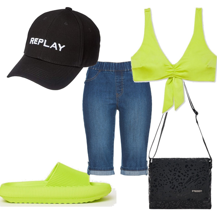 Outfit donna - Ciabattine sportive. Stile Trendy per Mare. Abbinamento con bermuda, ciabatte, bikini, borse a tracolla, berretti.