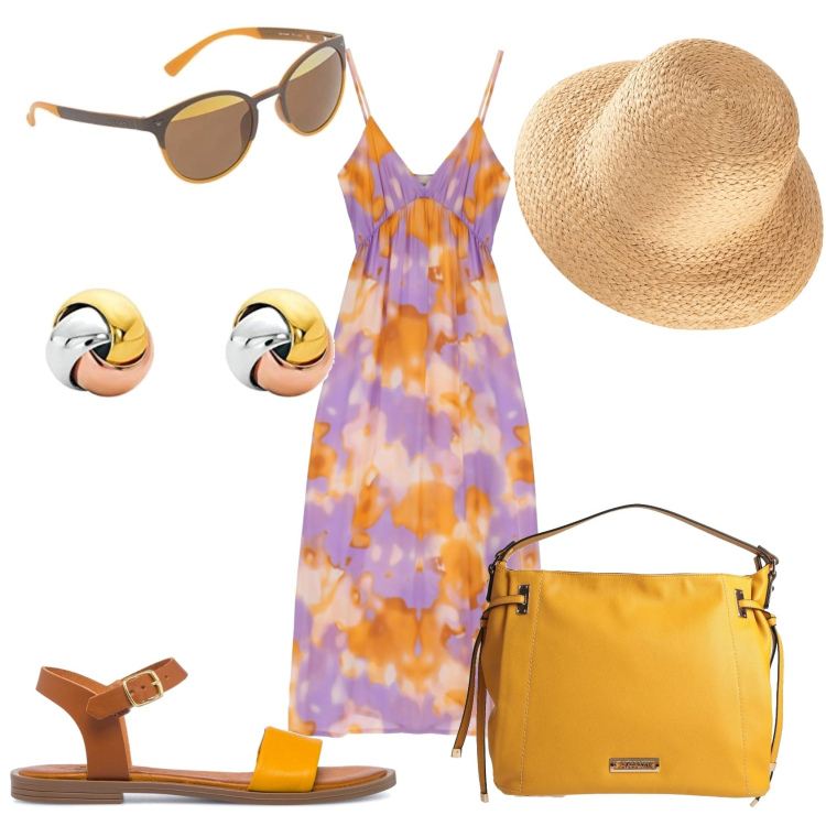 Outfit donna - in lungo fantasia. Stile Trendy per Tutti i giorni. Abbinamento con felpe, borse a mano, vestiti lunghi, sandali in pelle, occhiali da sole, orecchini.