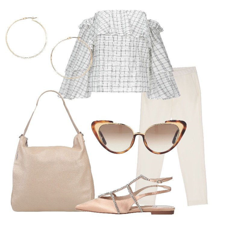 Outfit donna - Inspo BB. Stile Vintage retrò per Tutti i giorni. Abbinamento con ballerine, bluse, borse a mano, occhiali da sole, orecchini, pantaloni.