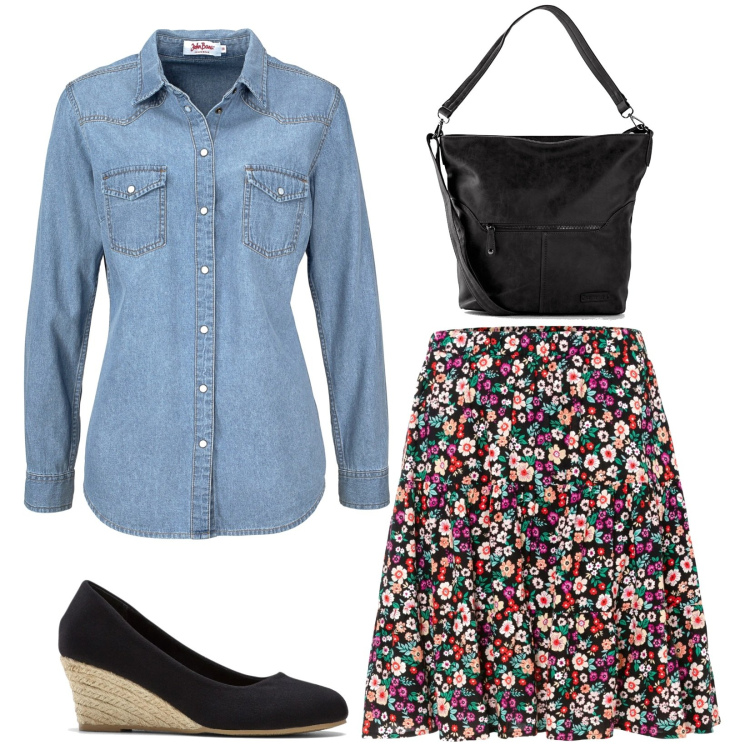 Outfit donna - Jeans e fiori. Stile Casual per Ufficio. Abbinamento con camicie, gonne, décolleté, borse a tracolla.