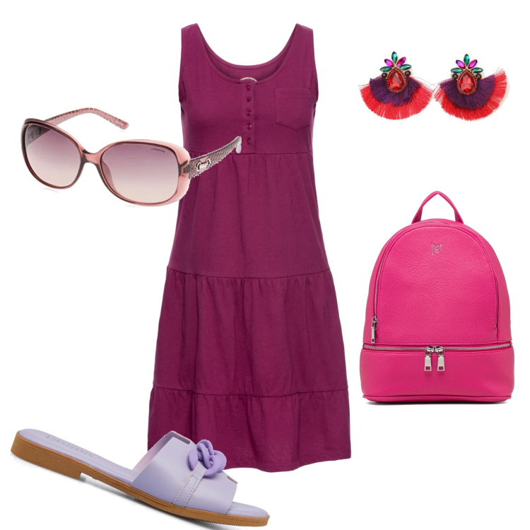 Outfit donna - Gita al lago. Stile Casual chic per Mare. Abbinamento con vestiti corti, ciabatte, zaini, orecchini, occhiali da sole.