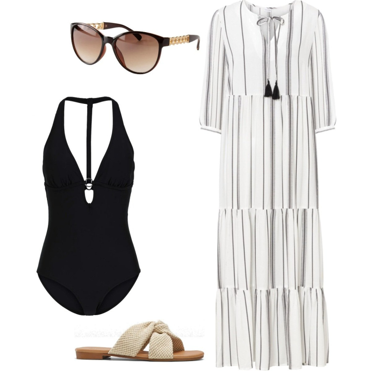 Outfit donna - Beach look. Stile Basic per Mare. Abbinamento con costumi interi, vestiti lunghi, ciabatte, occhiali da sole.