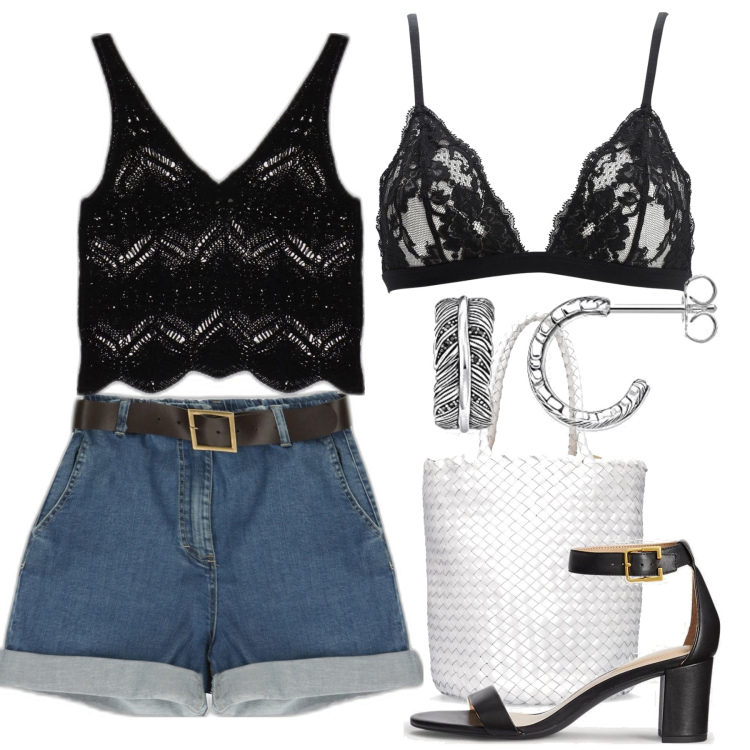 Outfit donna - Crochet su pizzo. Stile Casual chic per Serata fuori. Abbinamento con bermuda, top, sandali in pelle, borse a mano, reggiseni, orecchini.