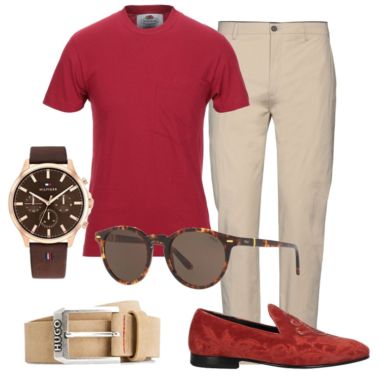 Outfit uomo - Mocassini rossi. Stile Trendy per Ufficio. Abbinamento con t-shirt, pantaloni, scarpe stringate, occhiali da sole, cinture, orologi analogici.
