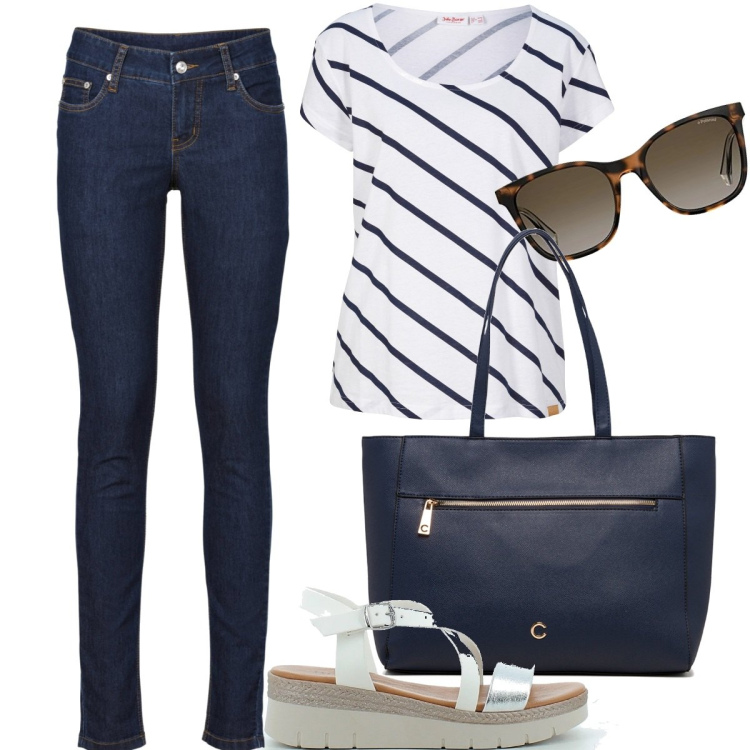 Outfit donna - I jeans per giugno - curvy style. Stile Basic per Tutti i giorni. Abbinamento con jeans skinny, t-shirt, zeppe, borse a spalla, occhiali da sole.