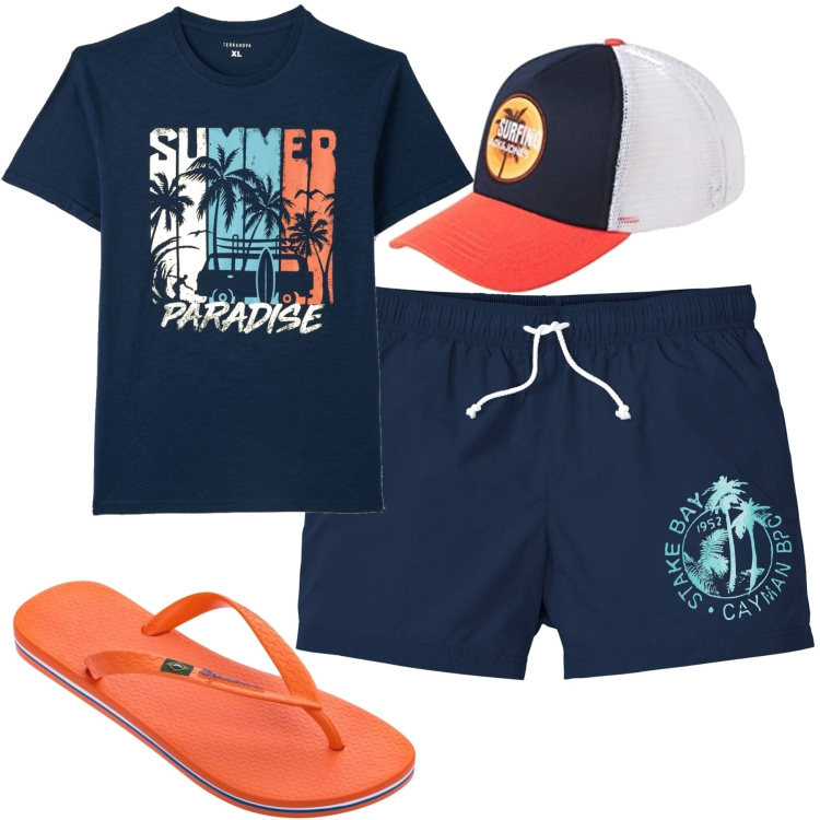 Outfit uomo - Mare. Stile Casual per Mare. Abbinamento con pantaloni corti, t-shirt, sandali, cappelli con visiera.