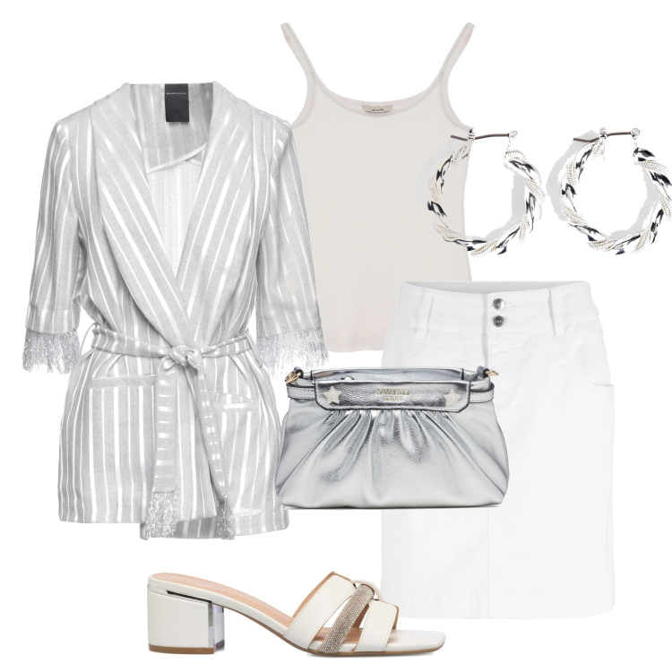 Outfit donna - Total look #1634222. Stile Casual chic per Tutti i giorni. Abbinamento con minigonne, orecchini, blazer, canottiere, sandali in pelle, clutch.