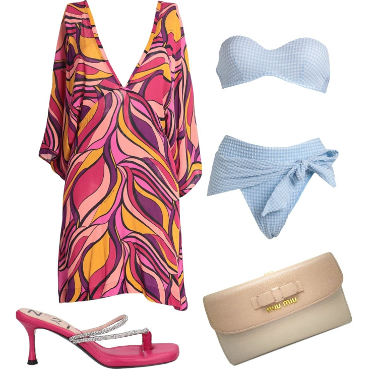Outfit donna - Summer By The sea. Stile Glamour per Mare. Abbinamento con infradito, vestiti da spiaggia, bikini, portafogli.