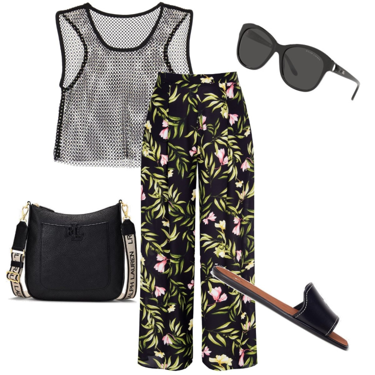 Outfit donna - Fiori e retina. Stile Basic per Tutti i giorni. Abbinamento con canottiere, pantaloni a palazzo, occhiali da sole, borse a tracolla, ciabatte.