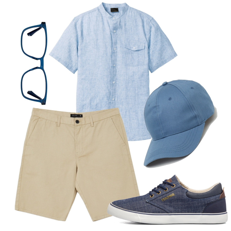 Outfit uomo - Lungomare. Stile Casual per Tutti i giorni. Abbinamento con camicie a manica corta, bermuda, cappelli con visiera, sneakers, occhiali da sole.