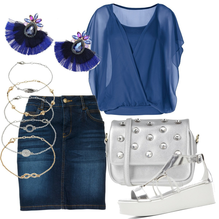Outfit donna - Argento e blu glamour. Stile Glamour per Serata fuori. Abbinamento con gonne, braccialetti con ciondoli, bluse, sandali col tacco, borse a tracolla, orecchini.