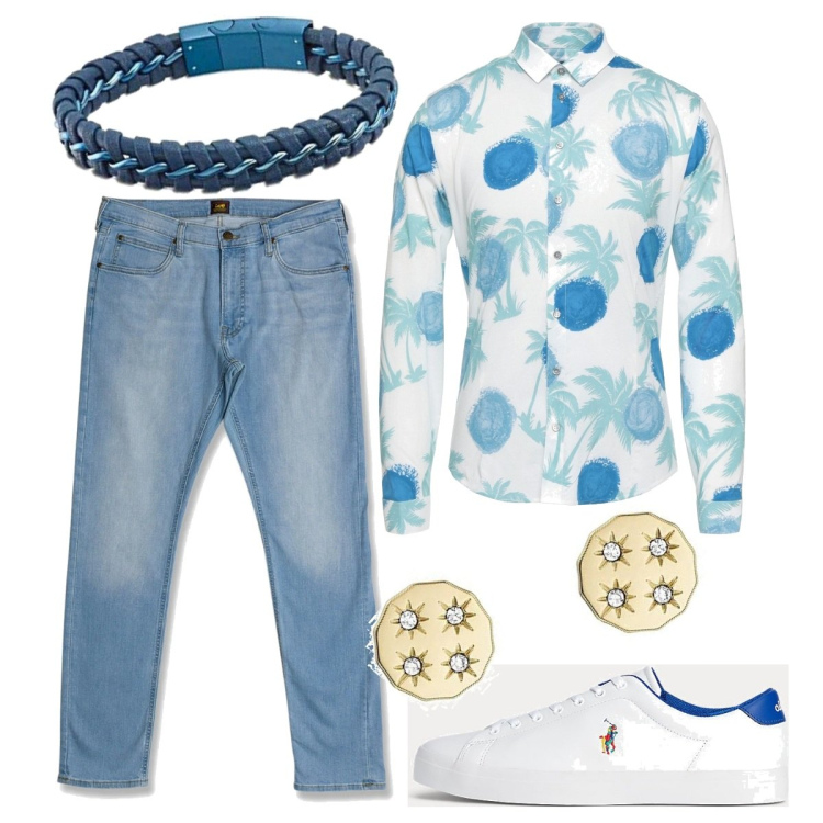 Outfit uomo - Celeste e oro trendy. Stile Trendy per Serata speciale. Abbinamento con jeans slim fit, sneakers, camicie, braccialetti, orecchini.