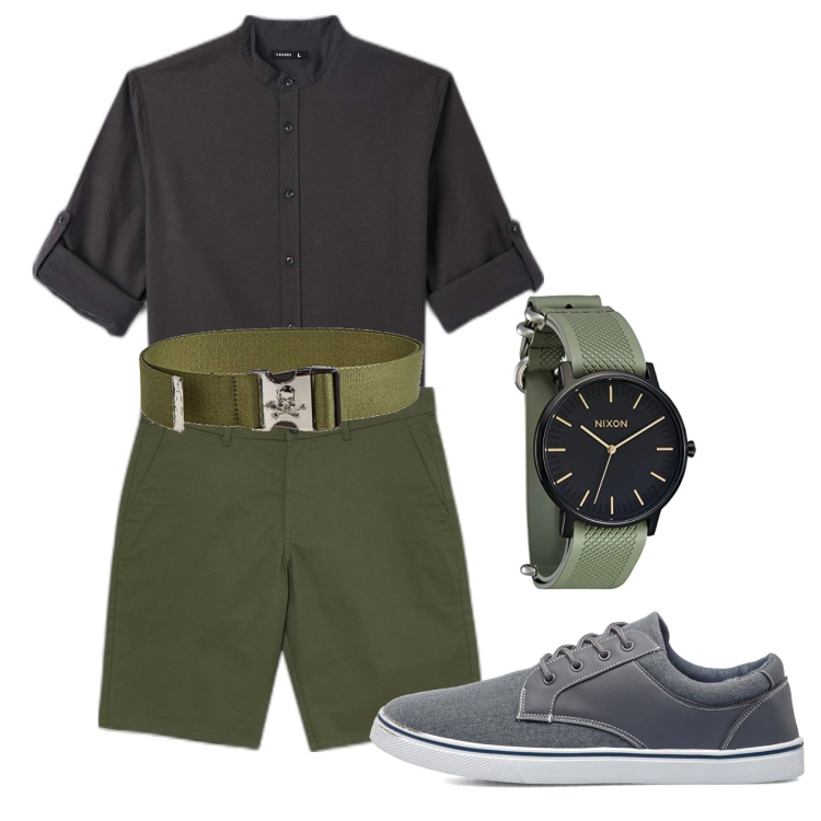 Outfit uomo - Sobrio. Stile Casual per Tutti i giorni. Abbinamento con camicie, bermuda, sneakers, cinture, orologi.