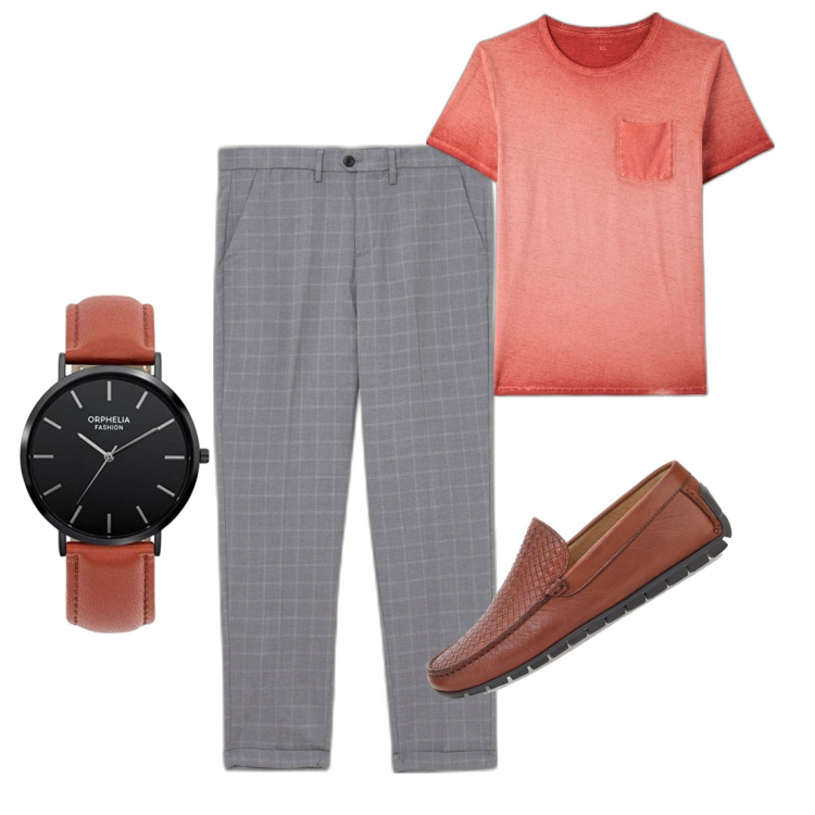 Outfit uomo - Corallo. Stile Casual per Tutti i giorni. Abbinamento con t-shirt, pantaloni chino, scarpe stringate, orologi analogici.