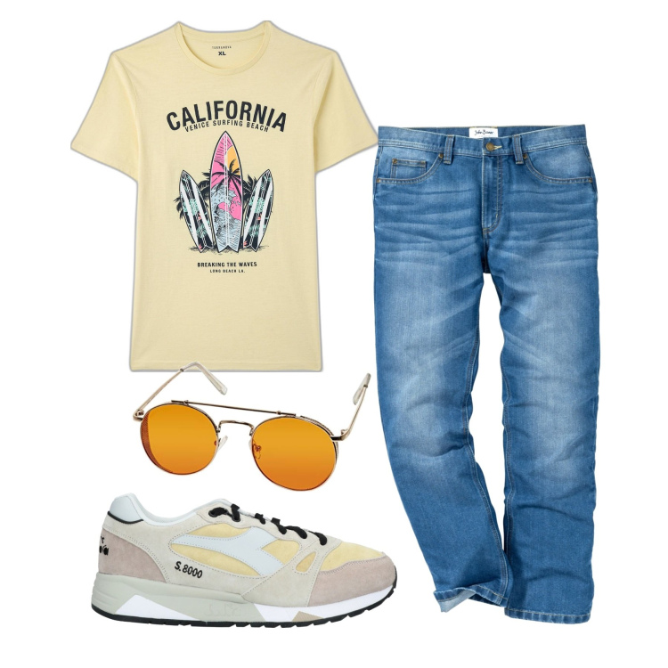 Outfit uomo - Immancabili jeans. Stile Casual per Tutti i giorni. Abbinamento con jeans dritti, sneakers, t-shirt, occhiali da sole.