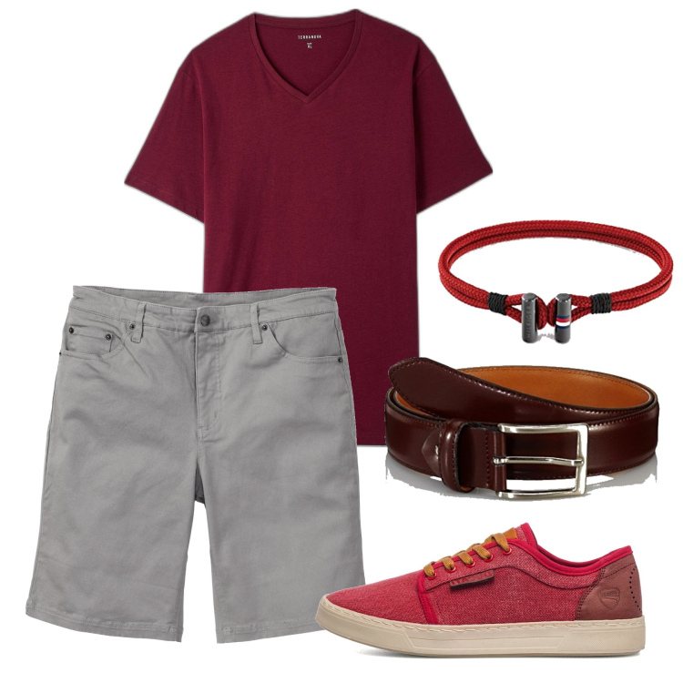 Outfit uomo - Red. Stile Casual per Tutti i giorni. Abbinamento con bermuda, t-shirt, sneakers, cinture, braccialetti.