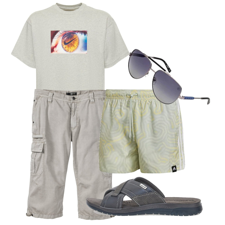 Outfit uomo - Il bermuda sul costume. Stile Casual per Mare. Abbinamento con bermuda, costumi, occhiali da sole, t-shirt, sandali.