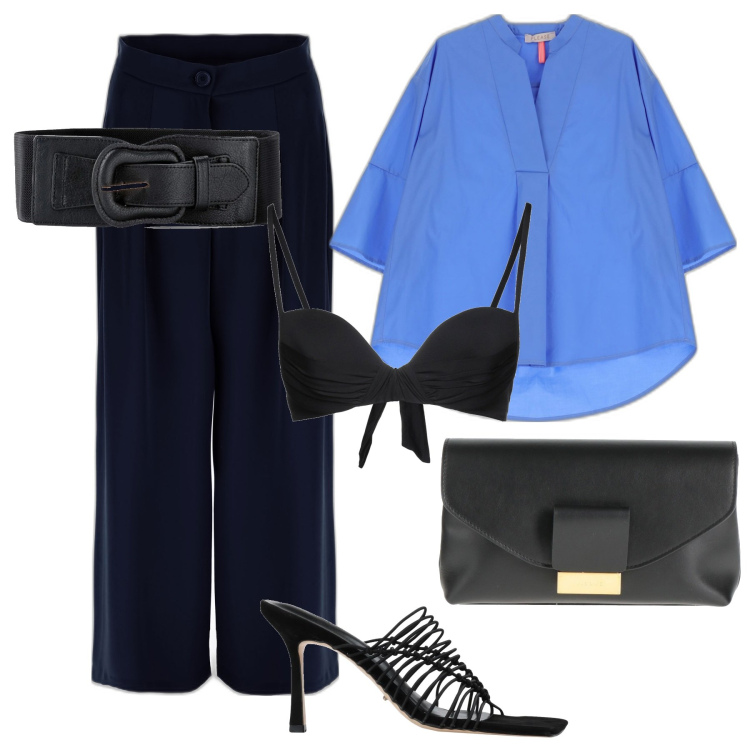 Outfit donna - Camicia azzurro acceso. Stile Casual chic per Tutti i giorni. Abbinamento con cinture, reggiseni, sandali in pelle, borse a mano, camicie, pantaloni a palazzo.