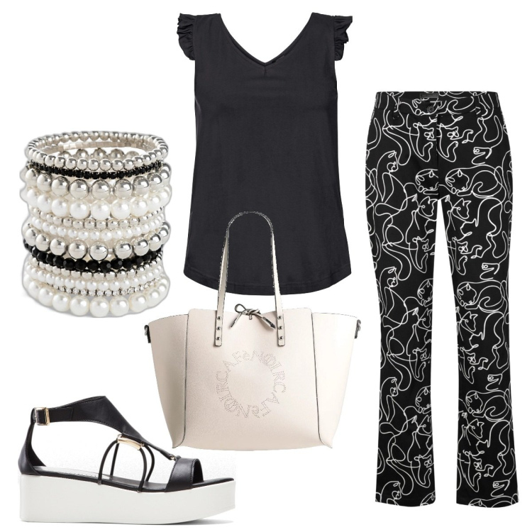 Outfit donna - Pratica. Stile Basic per Tutti i giorni. Abbinamento con top, braccialetti, pantaloni, sandali col tacco, borse a mano.
