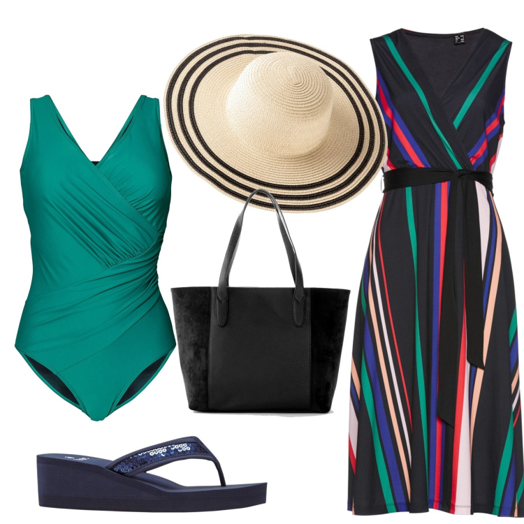 Outfit donna - Total look #1634949. Stile Romantica per Mare. Abbinamento con vestiti, shopping bag, costumi interi, infradito, cappelli.