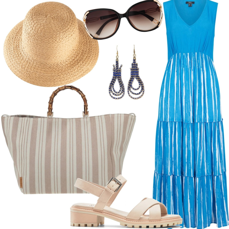 Outfit donna - Passeggiata su lungomare. Stile Casual chic per Mare. Abbinamento con occhiali da sole, felpe, vestiti lunghi, sandali, borse a mano, orecchini.