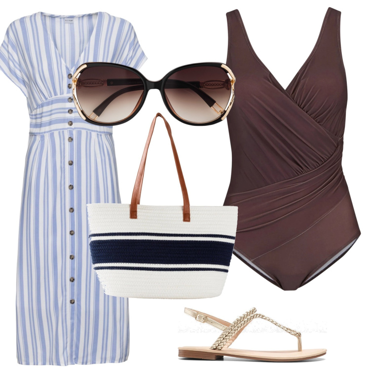 Outfit donna - Total look #1634988. Stile Casual per Mare. Abbinamento con vestiti, ciabatte, occhiali da sole, costumi interi, shopping bag.