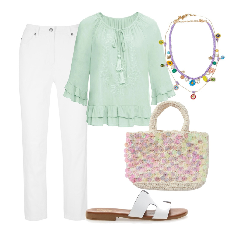 Outfit donna - La tunica con le nappine. Stile Casual per Tutti i giorni. Abbinamento con pantaloni, tuniche, borse a mano, collane, ciabatte.