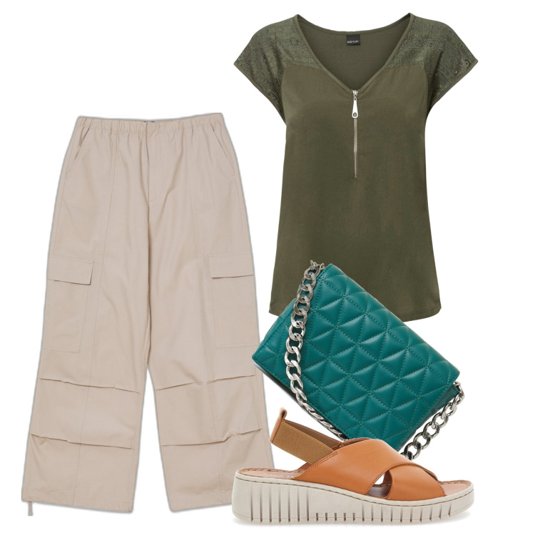 Outfit donna - Cargooooo. Stile Basic per Tutti i giorni. Abbinamento con t-shirt, pantaloni cargo, borse a spalla, sandali in pelle.