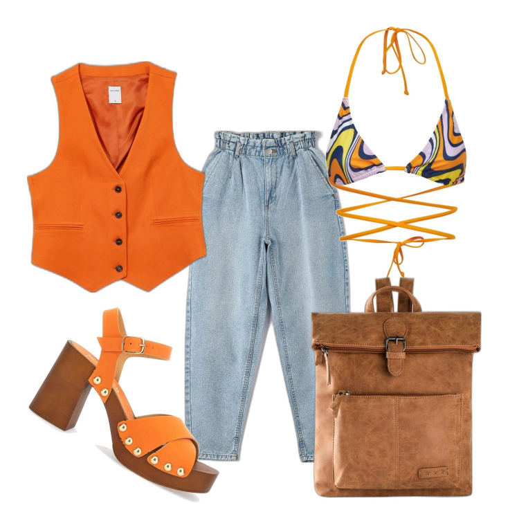 Outfit donna - Tanta vitamina C. Stile Boho per Tutti i giorni. Abbinamento con zaini, jeans, gilet, zoccoli, bikini.