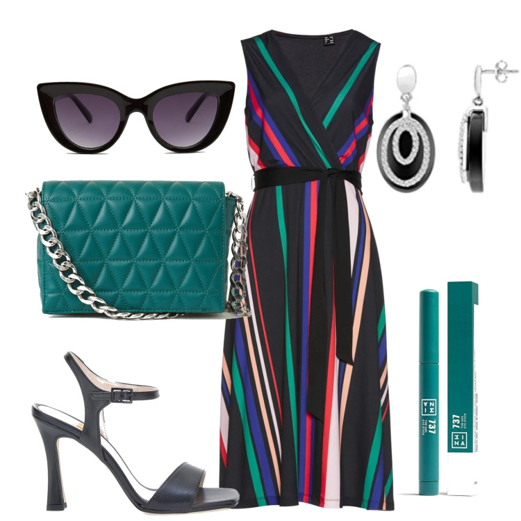 Outfit donna - L\'abito midi fantasia. Stile Casual chic per Tutti i giorni. Abbinamento con vestiti, borse a spalla, occhiali da sole, ombretti, orecchini, sandali col tacco.
