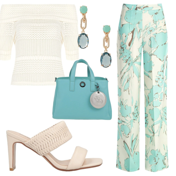 Outfit donna - Turchese. Stile Casual chic per Serata fuori. Abbinamento con orecchini, bluse, pantaloni a palazzo, borse a mano, sandali in pelle.
